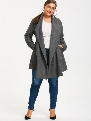 Gamiss Women Winter Oversized Belted Asymmetrical Skirted Coat Wide Waist Turn-Down Collar Outwear P