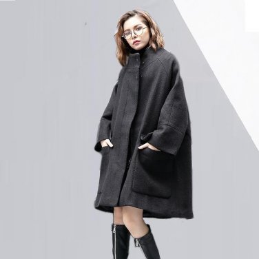 new autumn winter stand collar long sleeve solid color black big size wollen coat women fashion tide