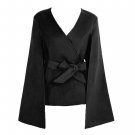 Coat Women\'s Jacket 2017 Winter Coat Casaco Feminino Kimono Long Split Flare Sleeve Belted V Neck T