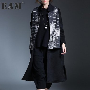 [EAM] 2017 new autumn winter stand collar long sleeve printed split joitn big size solid color coat 