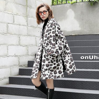 new autumn winter V-collar long sleeve printed loose big size wollen coat warm women jacket fashion 