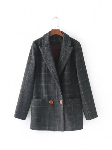 Autumn Winter New Pattern Double Big Pockets Fashion Jacket Blend Woolen Loose Coat Notched Long Sle