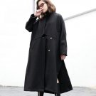 new autumn winter  V-collar long sleeve solid color black loose big size long warm coat women fashio