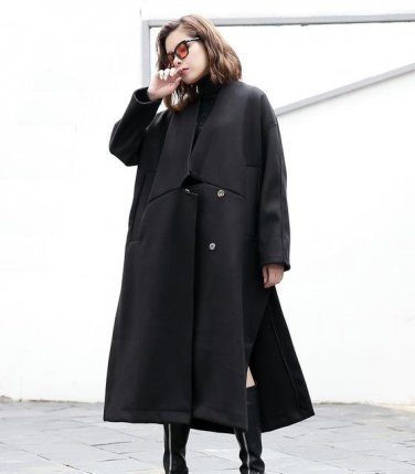 new autumn winter  V-collar long sleeve solid color black loose big size long warm coat women fashio