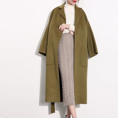 new autumn winter lapel long sleeve solid color green loose long jacket women coat  fashion tide JD0