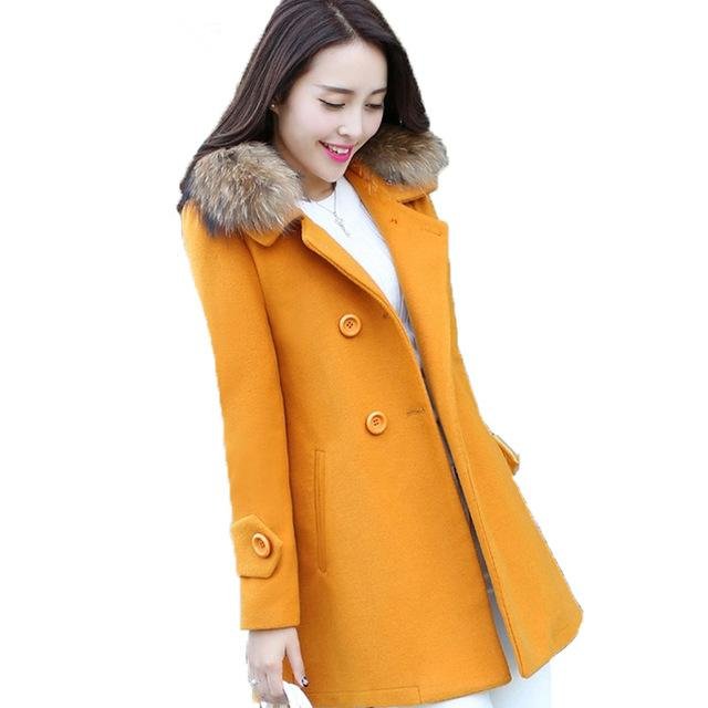 New Winter Fake Fur Collar Coat For Women 2017 Autumn Fashion Double Breasted Wool Coats Casual Oute