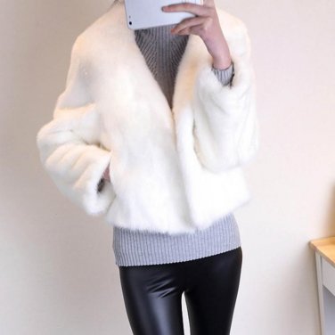 European Style Women Solid Ultra-Warm Autumn Winter Coats Thick Wool Rabbit Faux Fur Coat V-neck Nat