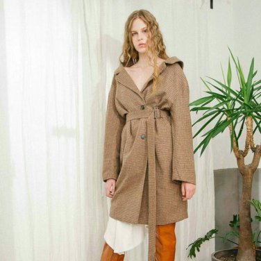 new autumn winter lapel long sleeve solid color camel plaid loose big size long jacket women coat fa