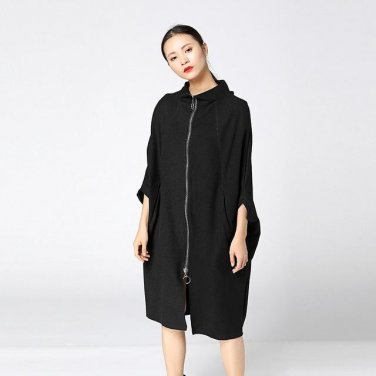 Autumn Winter Retro Trendy New Cloak Type Loose Coat Solid Color Big Size Zipper Long Jacket Women Y