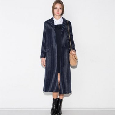 Winter Coat Women Wide Lapel Belt Pocket Wool Striped Coat Oversize Long Red Trench Coat Outwear Woo