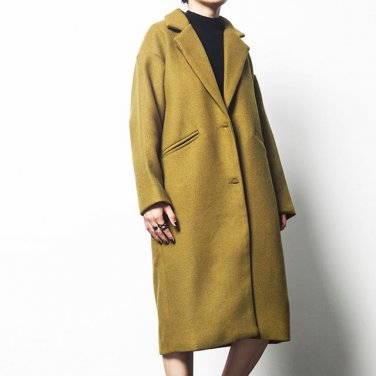new autumn winter solid color lapel long sleeve yellow  green loose big size jacket women coat fashi