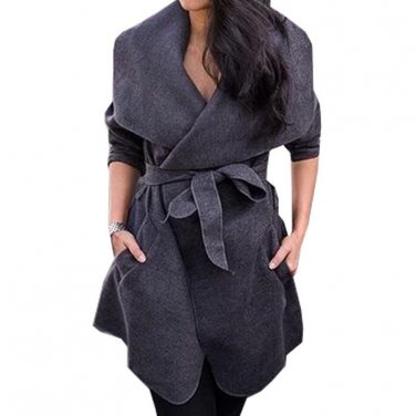 Women Open Stitch Blends Coat Sashes Pockets Autumn Winter Warm Female Elegant Long Sleeve Jacket Ov