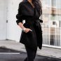 Women Open Stitch Blends Coat Sashes Pockets Autumn Winter Warm Female Elegant Long Sleeve Jacket Ov