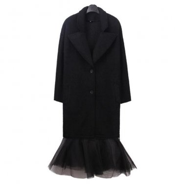 new autumn winter lapel long sleeve gauze split joint solid color black cotton-padded coat women jac