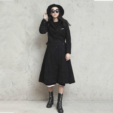 Autumn Winter Vintage Wool Slim Turn-down Collar Classic Waist Women Pocket Black Long Sleeves Windb