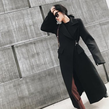 new autumn winter lapel long sleeve solid color black loose long jacket women coat  fashion tide JC8