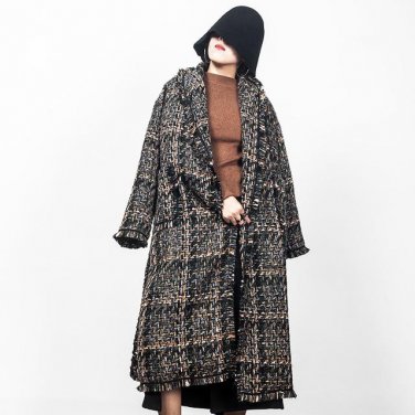 Winter New Plaid Weave Woolen Loose Coat Long Type Fashion Big Size Notched Overcoat Women YA71509