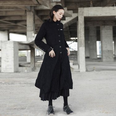 new autumn winter stand collar long sleeve solid color black loose long fold jacket women coat fashi