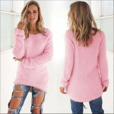 2016 Solid 4 Colors Sweater Womens Autumn Winter Solid Long Sleeve Fluffy Sweaters Jumper Blouse O-N
