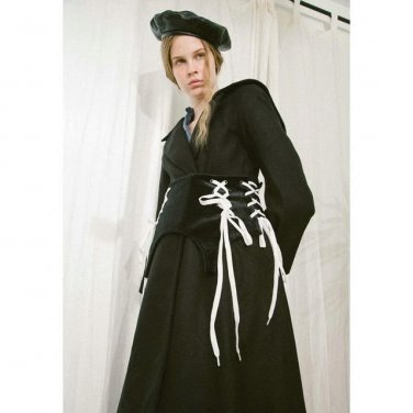 new autumn winter lapel long sleeve solid color black bandage waist loose jacket women coat fashion 