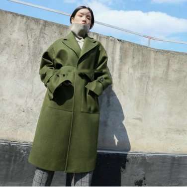 new autumn winter lapel long sleeve solid color green loose long wollen coat women jacket  fashion t