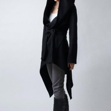 New Autumn Winter Hooded Asymmetrical Wool Blends Casual Solid Long Sleeve Slim Fit Outwear Women Co