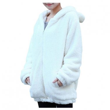 Winter Women Jacket Clothes Zipper Girl Loose Fluffy Bear Ear Long Sleeve Solid Fashion Hooded Warm 