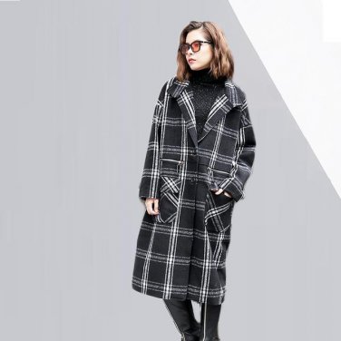 new autumn winter lapel black loose big size plaid split joint thickening warm coat women jacket fas