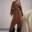 new autumn winter V-collar long sleeve solid color camel long irregular big size jacket women coat f