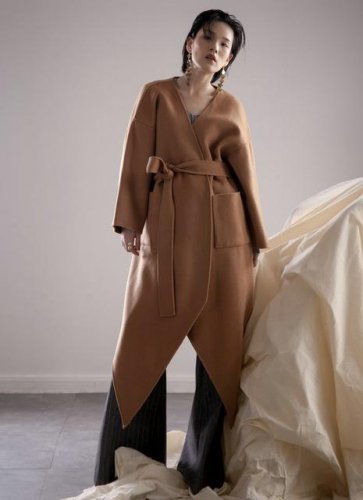 new autumn winter V-collar long sleeve solid color camel long irregular big size jacket women coat f