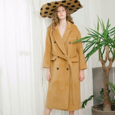 new autumn winter lapel long sleeve solid color camel loose big size long jacket women coat fashion 