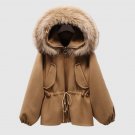 Autumn And Winter Fashion New Big Ful Hooded Collar Draw Waist Warm Jacket Loose Coat Overcoat Women