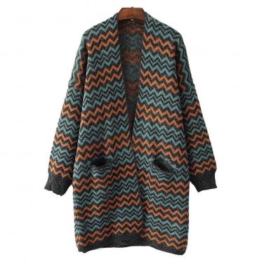 Women\'s Cardigan 2017 Autumn Winter Wool England Style Wave Design Open Stitch Two Pockets Long Coa