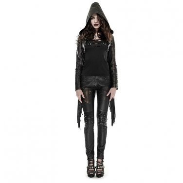 Punk Gothic Women\'s Brief Leather Coat Spring Winter Hooded Slim Fit Outerwear Coat Short Tassels B
