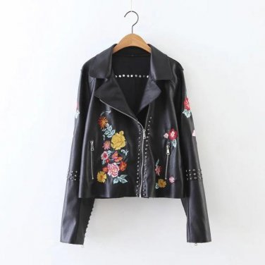 Women Leather Jacket Autumn Winter Female Embroidery Rivets Black Short Coats Jaqueta De Couro Femin