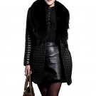 Ukraine Women Black PU Leather coat faux fur collar punk Gothic elegant Plus Size long Overcoat card