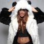 Women Fake Fur Coat Panda Ear Long Jacket fur hood Hooded Gray black Punk Gothic Warm Elegant plus s