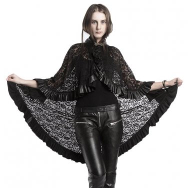 Black Punk Gothic Lace Leather Spliced Coat Female Stand Color Floucing Side Trench Coat Fashion Des