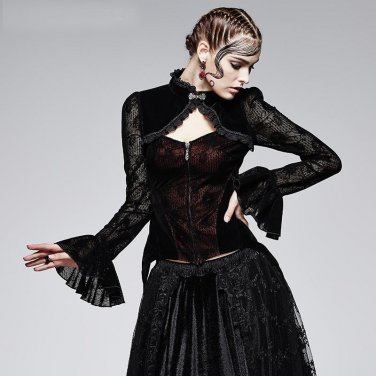 Gothic Women Flocking Lace Coat Bandage Long Lace Ladies Dress Coats Punk Corset Short Jacket Tops