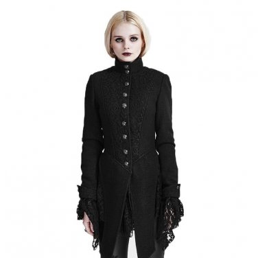 Punk Woolen Lace Stitching Gothic Coat Autumn Winter Long Sleeves Jackets For Women Stand Collar Fem