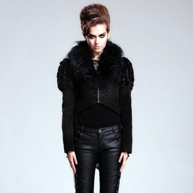 Punk Gothic Detachable Fur Collar Jackets Punk Women\'s Short Jacket Lapel Neck Fishtail Jackets wit