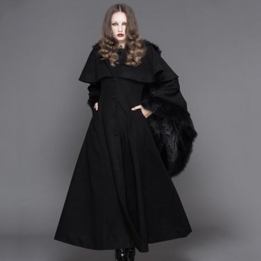 Devil Fashion Punk Winter Fleece Hooded Cape Overcoats Gothic Black Red Women Flocking Trench Coats 