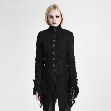 Woolen Lace Stitching Gothic Coat for Women Goth Steam Punk Black Long Sleeve Thick Coat Female Swal