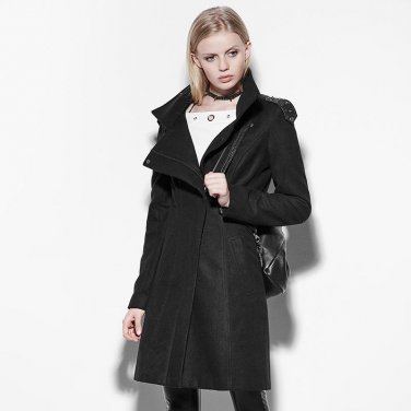 Punk Rivets High Neck Coat for Women Gothic Fashion Black Casual Woolen Long Coats