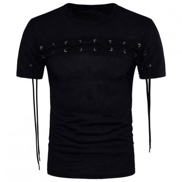 Punk Styles Solid Plain T shirt 2017 Summer Men Black Short Sleeve Crew Round Neck Tie Lace Up T-shi