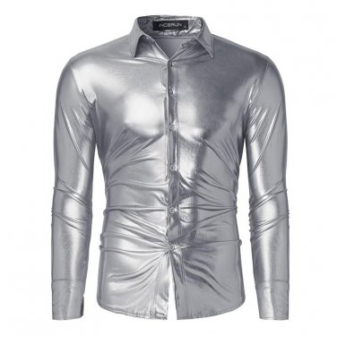 2017 Shirt Men Shiny Casual Black/Golden/Silver Slim Luxury Long Sleeve Shirts Leisure Fashion Shine