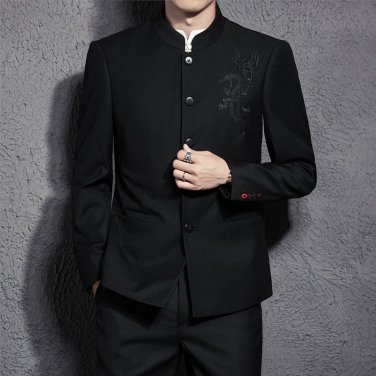 Men Black Slim Tunic Jacket Single Breasted Blazer Printed dragon School Uniform Gakuran College Coa