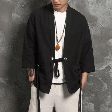 Ethnic style loose kimono open stitch thin cotton cardigan leisure literature black jacket Three Qua