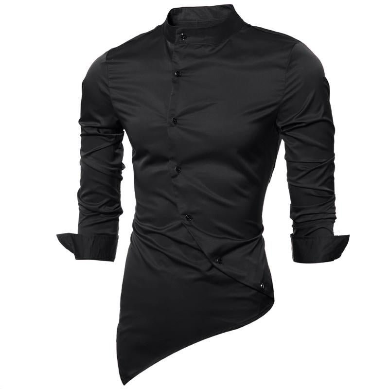 Plus Size 4XL Men Casual Shirts 2017 Spring Autumn Side Asymmetrical Bottons Black Shirt Causal Long