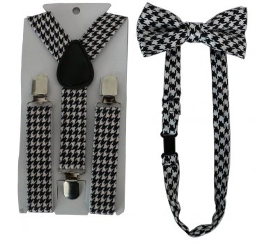Free Shipping 2017 New Fashionable Black White Houndstooth Bow Tie And Suspenders Sets